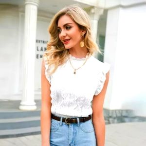 Elegant White Lace Sleeveless Top Casual  O-neck Ruffle Summer Style